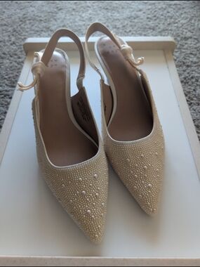 a new day Beige Pearl-Embellished Pointed Slingback Heels